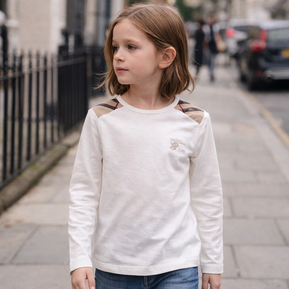 Burberry Kids White Long Sleeve Nova Check Shoulder Tee 10Y / 140 Unisex - Picture 2 of 10